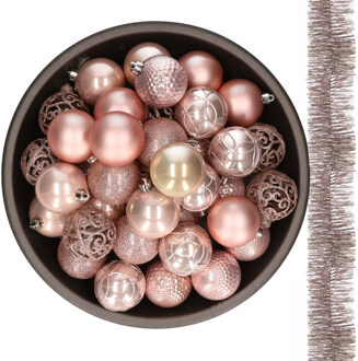 Decoris 37x stuks kunststof kerstballen 6 cm met 2x stuks slingers lichtroze - Kerstbal