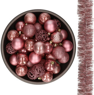 Decoris 37x stuks kunststof kerstballen 6 cm met 2x stuks slingers oudroze