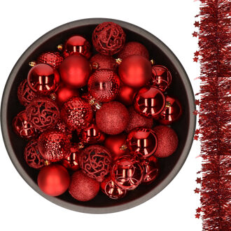 Decoris 37x stuks kunststof kerstballen 6 cm met 2x stuks slingers rood - Kerstbal