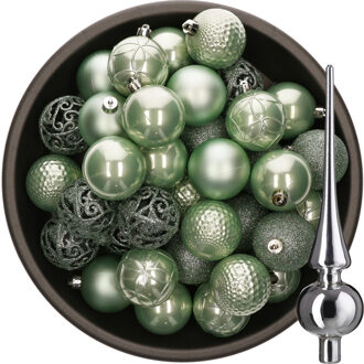 Decoris 37x stuks kunststof kerstballen 6 cm mintgroen incl. glazen piek glans zilver - Kerstbal