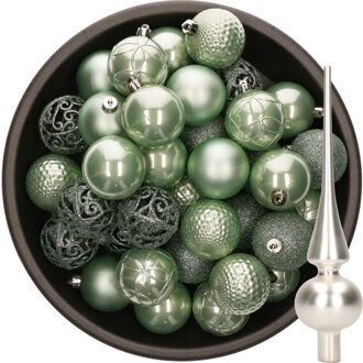 Decoris 37x stuks kunststof kerstballen 6 cm mintgroen incl. glazen piek mat zilver - Kerstbal