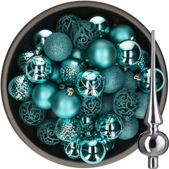 Decoris 37x stuks kunststof kerstballen 6 cm turquoise incl. glazen piek glans zilver