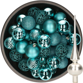 Decoris 37x stuks kunststof kerstballen 6 cm turquoise incl. glazen piek mat zilver - Kerstbal Blauw