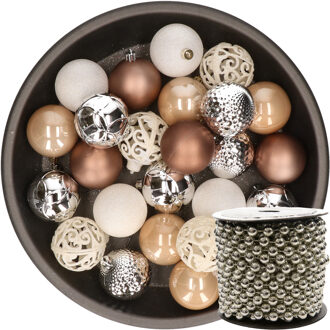 Decoris 37x stuks kunststof kerstballen 6 cm wit/zilver/bruin incl. kralenslinger - Kerstbal