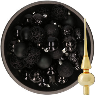 Decoris 37x stuks kunststof kerstballen 6 cm zwart incl. glazen piek glans goud - Kerstbal