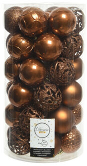 Decoris 37x stuks kunststof kerstballen kaneel bruin 6 cm glans/mat/glitter mix - Kerstbal