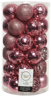 Decoris 37x stuks kunststof kerstballen lippenstift roze 6 cm glans/mat/glitter mix