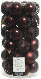 Decoris 37x stuks kunststof kerstballen mahonie bruin 6 cm glans/mat/glitter mix - Kerstbal