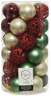 Decoris 37x stuks kunststof kerstballen parel/rood/donkergroen/salie groen 6 cm - Kerstbal Multikleur