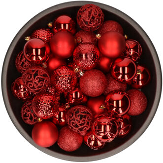 Decoris 37x stuks kunststof kerstballen rood 6 cm mix - Kerstbal