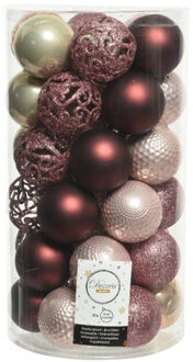 Decoris 37x stuks kunststof kerstballen roze/donkerrood/champagne mix 6 cm