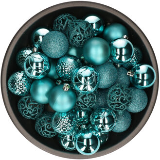 Decoris 37x stuks kunststof kerstballen turquoise blauw 6 cm inclusief kerstbalhaakjes