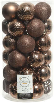 Decoris 37x stuks kunststof kerstballen walnoot bruin 6 cm glans/mat/glitter mix
