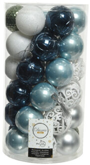 Decoris 37x stuks kunststof kerstballen wit/groen/zilver/blauw mix 6 cm - Kerstbal Multikleur