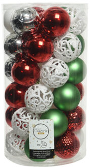 Decoris 37x stuks kunststof kerstballen wit/rood/groen/zilver mix 6 cm - Kerstbal Multikleur