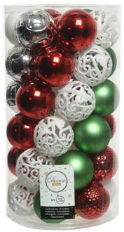 Decoris 37x stuks kunststof kerstballen wit/rood/groen/zilver mix 6 cm
