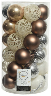 Decoris 37x stuks kunststof kerstballen wit/zilver/bruin mix 6 cm - Kerstbal Multikleur