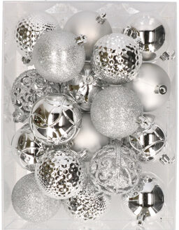 Decoris 37x stuks kunststof kerstballen zilver 6 cm inclusief kerstbalhaakjes