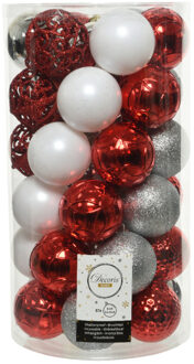 Decoris 37x stuks kunststof kerstballen zilver/rood/wit 6 cm mat/glans/glitter - Kerstbal Multikleur