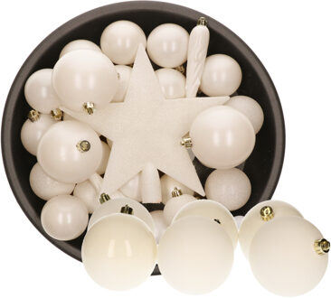 Decoris 39x stuks kunststof kerstballen en ijspegels met ster piek wol wit