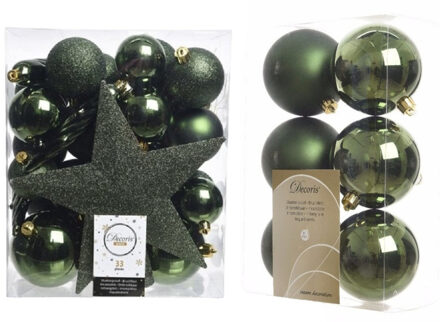 Decoris 39x stuks kunststof kerstballen met ster piek donkergroen mix