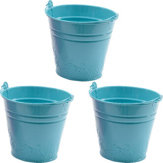 Decoris 3x bloempotjes/plantenpotjes bloemen relief - zink - D11 x H11 cm - blauw