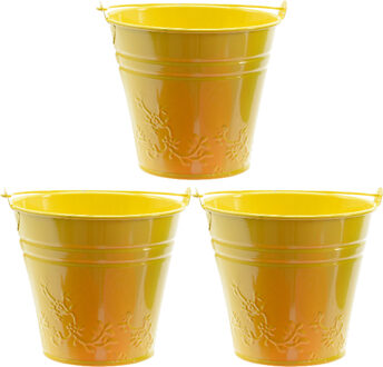 Decoris 3x bloempotjes/plantenpotjes bloemen relief - zink - D11 x H11 cm - geel