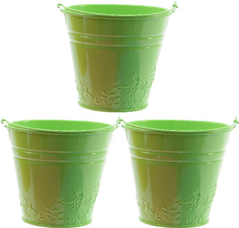 Decoris 3x bloempotjes/plantenpotjes bloemen relief - zink - D11 x H11 cm - groen
