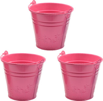 Decoris 3x bloempotjes/plantenpotjes bloemen relief - zink - D11 x H11 cm - roze