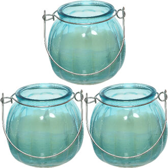 Decoris 3x citronella kaarsen in glas - 15 branduren - D8 x H8 cm - blauw