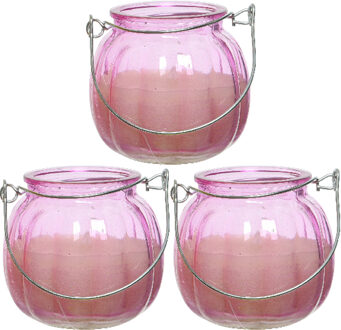 Decoris 3x citronella kaarsen in glas - 15 branduren - D8 x H8 cm - roze - geurkaarsen