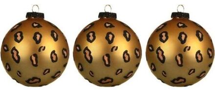 Decoris 3x Glazen kerstballen mat luipaardprint 8 cm kerstboom versiering/decoratie - Kerstbal Goudkleurig