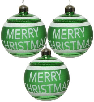 Decoris 3x Groene glazen kerstballen Merry Christmas 8 cm - Kerstbal