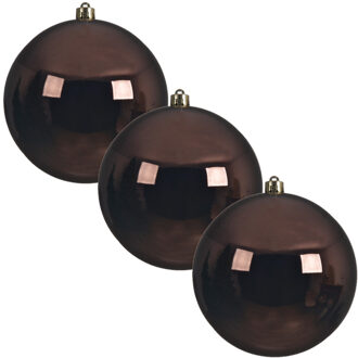 Decoris 3x Grote donkerbruine kunststof kerstballen van 20 cm - glans - donkerbruine kerstballen - Kerstversiering