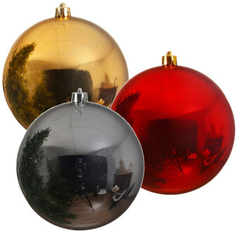 Decoris 3x Grote kerstballen rood goud en zilver van 25 cm glans van kunststof - Kerstbal Multikleur