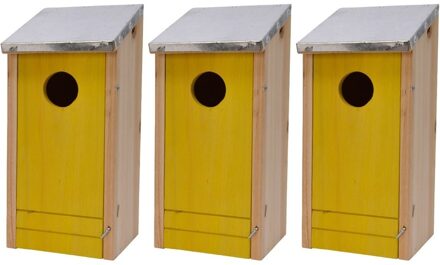 Decoris 3x Houten vogelhuisjes/nestkastjes met gele voorzijde en metalen dakje 26 cm - Vogelhuisjes tuindecoraties