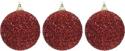 Decoris 3x Kerstballen kerst rode glitters 8 cm met kralen kunststof kerstboom versiering/decoratie - Kerstbal Rood