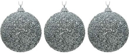 Decoris 3x Kerstballen zilveren glitters 8 cm met kralen kunststof kerstboom versiering/decoratie - Kerstbal Zilverkleurig