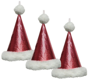 Decoris 3x Kerstmuts kerstornamenten kersthangers 17 cm - Kersthangers Rood