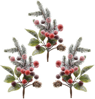 Decoris 3x Kerststukje instekertjes met bessen en sneeuw groen/rood 20 cm - Kerststukjes