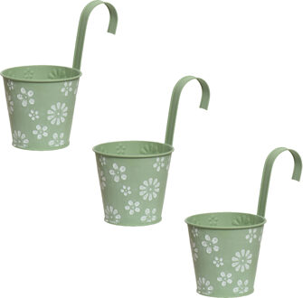 Decoris 3x stuks bloempotten ophangbaar - zink - 14 x 24 cm - lichtgroen - Plantenpotten