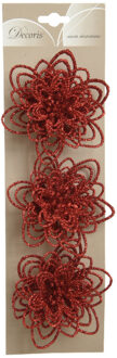 Decoris 3x stuks decoratie bloemen rood glitter op clip 11 cm