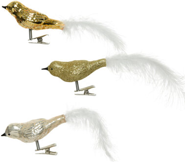 Decoris 3x stuks glazen decoratie vogels op clip champagne/goud 8 cm Goudkleurig