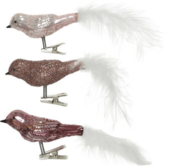 Decoris 3x stuks glazen decoratie vogels op clip roze tinten 8 cm