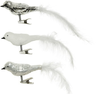 Decoris 3x stuks glazen decoratie vogels op clip wit/zilver 8 cm - Kersthangers Multikleur