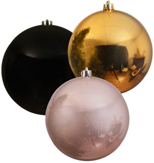 Decoris 3x stuks grote kerstballen van 20 cm glans van kunststof goud zwart en roze - Kerstbal Multikleur