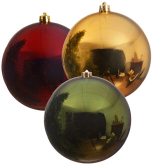 Decoris 3x stuks grote kerstballen van 20 cm glans van kunststof groen goud en rood - Kerstbal Multikleur