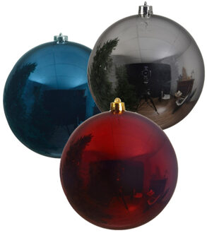 Decoris 3x stuks grote kerstballen van 20 cm glans van kunststof zilver blauw en rood - Kerstbal Multikleur