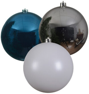 Decoris 3x stuks grote kerstballen van 20 cm glans van kunststof zilver blauw en wit