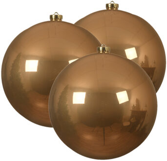 Decoris 3x stuks grote kunststof kerstballen toffee bruin 14 cm glans - Kerstbal